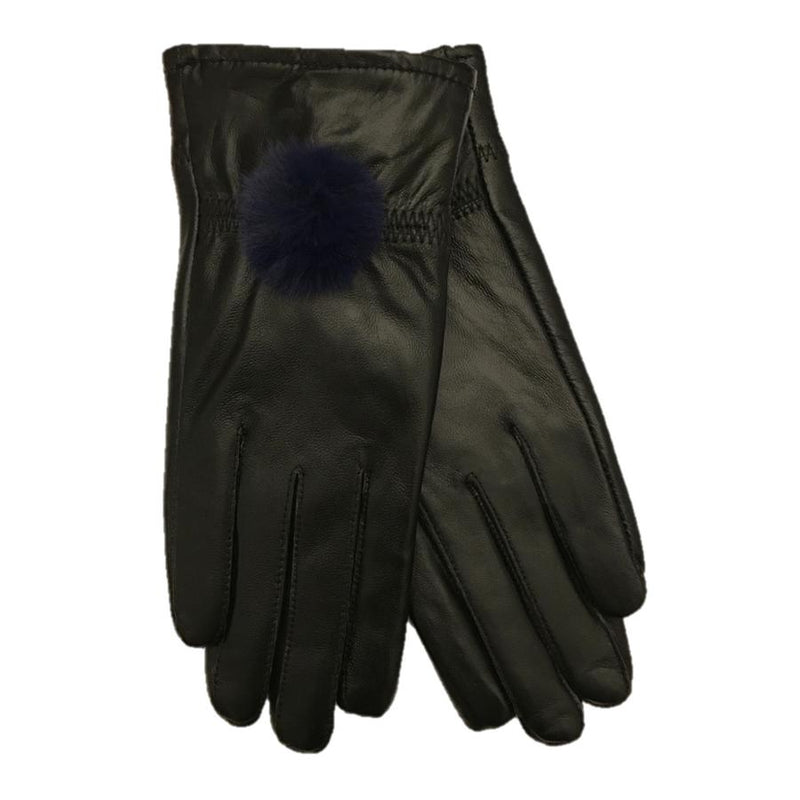 Black Leather Gloves with Blue Pompom pair