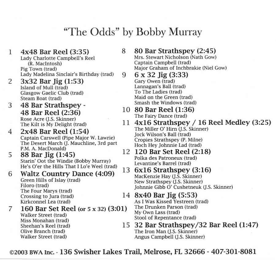 Bobby Murray - The Odds Scottish Dance Music CD inlay track list