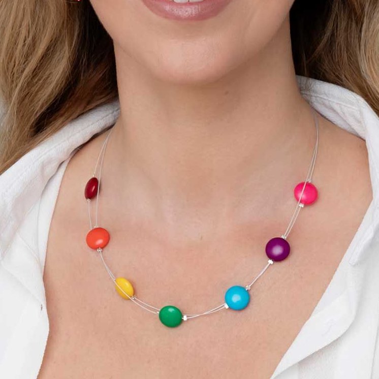 Carrie Elspeth Jewellery Happy Rainbow Double Spaced Necklace N1690 on model