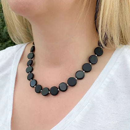 Carrie Elspeth Jewellery Noir Discs Necklace N1730 on model