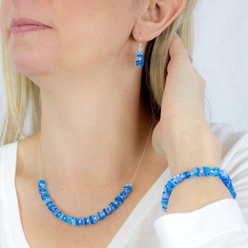 Carrie Elspeth Jewellery Skyblue Millefiori Cubes Necklace N1825 on model