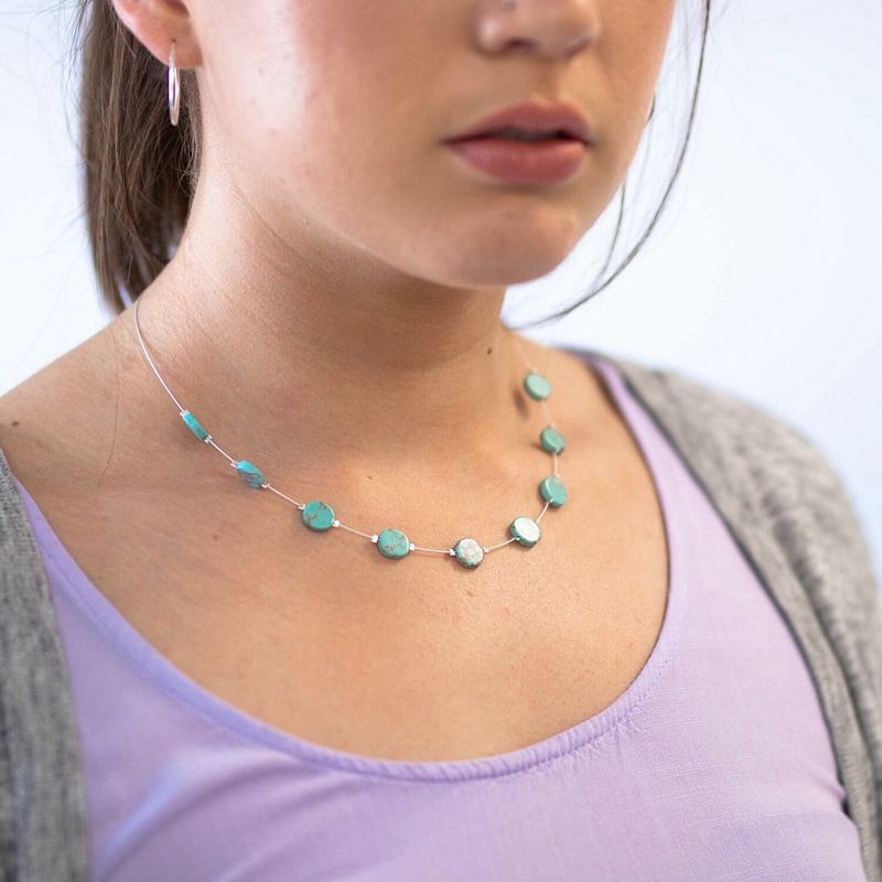 Carrie Elspeth Jewellery Turquoise Mosaic Coins Necklace N1554 on model