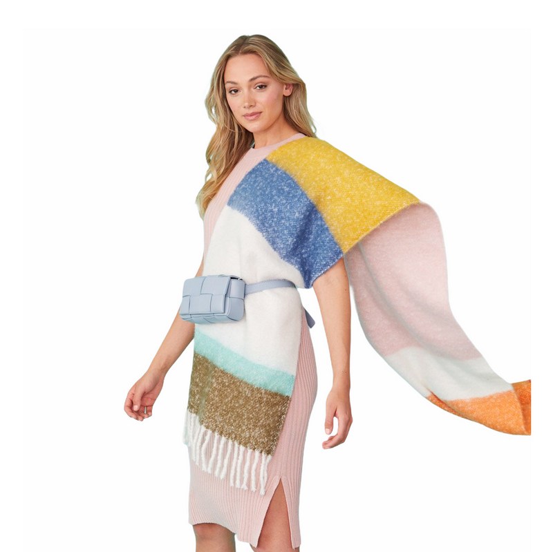 Cashmere Blend Wrap Scarf Multi-coloured Pastel Stripes on model