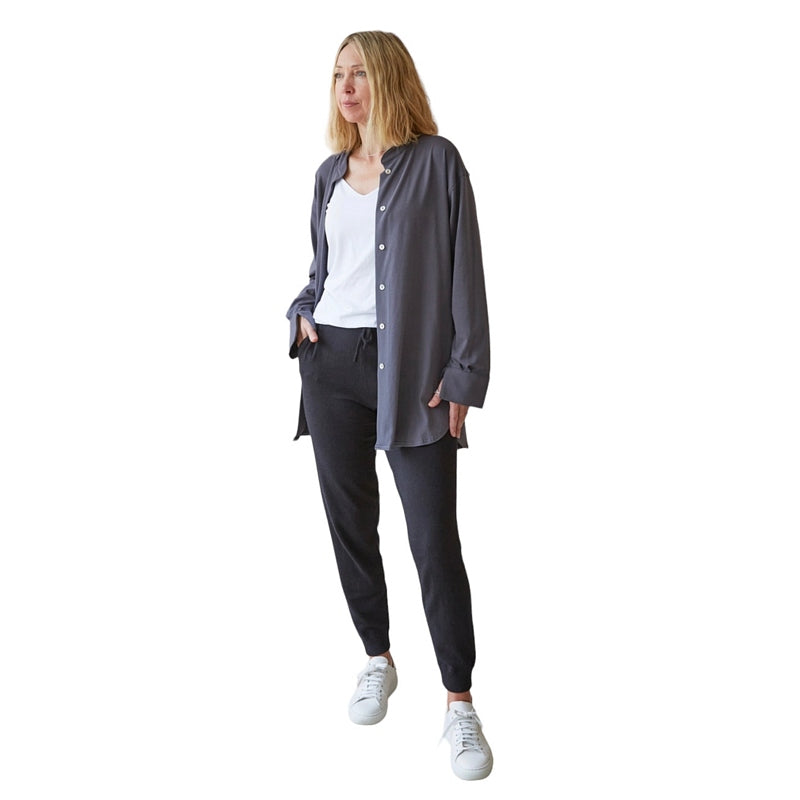 Chalk Clothing Petra Grandad Shirt Charcoal on model front