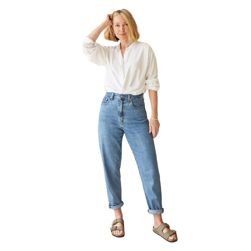 Chalk Clothing Petra Grandad Shirt White on model front tucked in