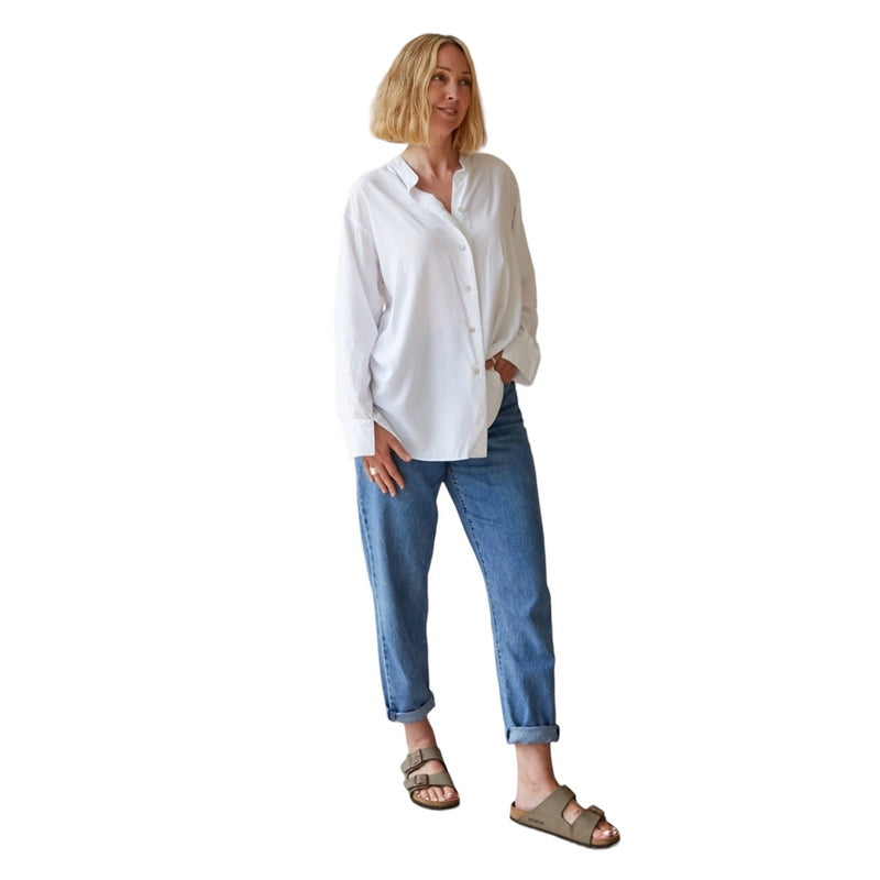 Chalk Clothing Petra Grandad Shirt White on model front untucked
