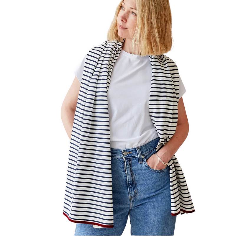 Chalk Clothing Sally Striped Scarf Navy Blue on model