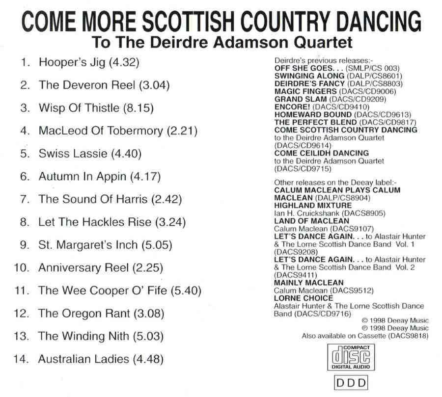 Deirdre Adamson - Come More Scottish Country Dancing CD track list inlay