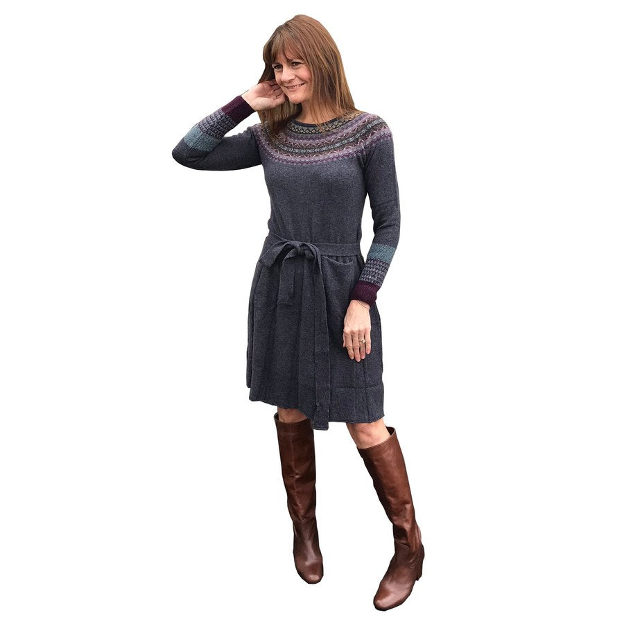 Eribe Knitwear Alpine Long Sleeved Dress in Selkie with belt on model front