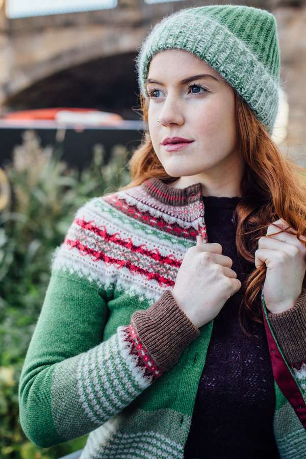 Eribe Alpine Cardigan in Watercress on model 1