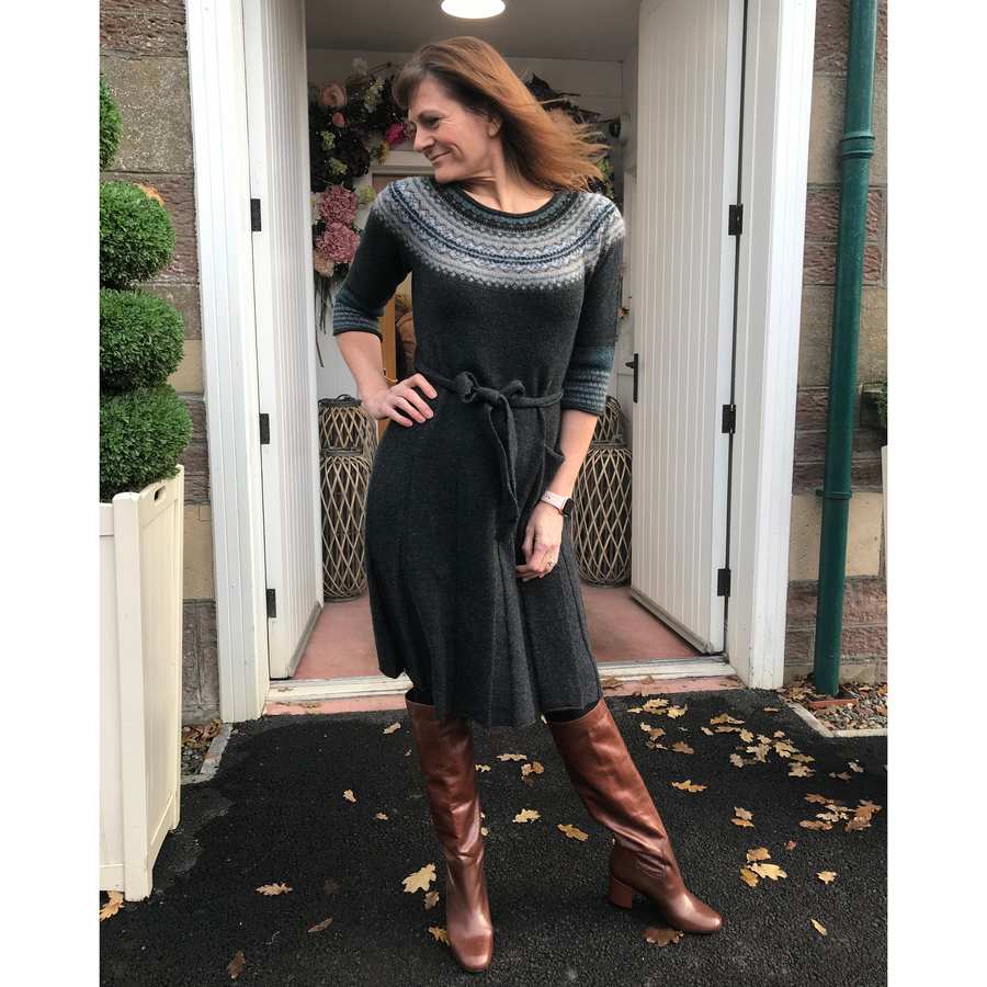 Eribe Alpine Smock Dress in Colliery on model at the Old School Beauly