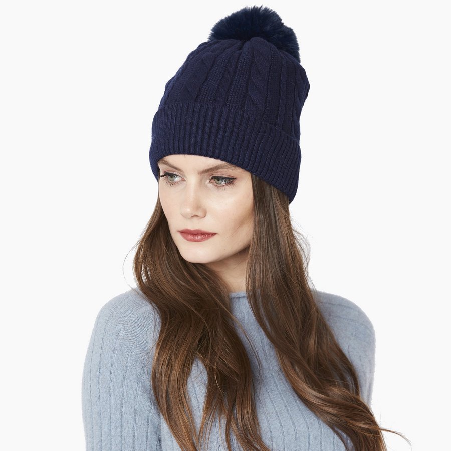 Luxury Faux Fur Pompom Hat in Midnight