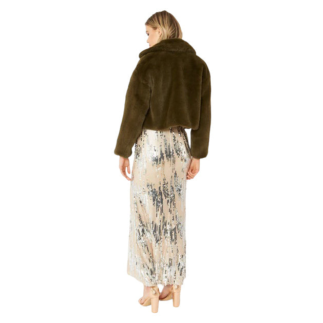 Faux Fur Cropped Jacket Khaki Green FMJ43A-07N on model back
