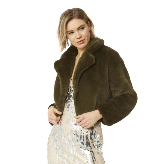 Faux Fur Cropped Jacket Khaki Green FMJ43A-07N on model close-up