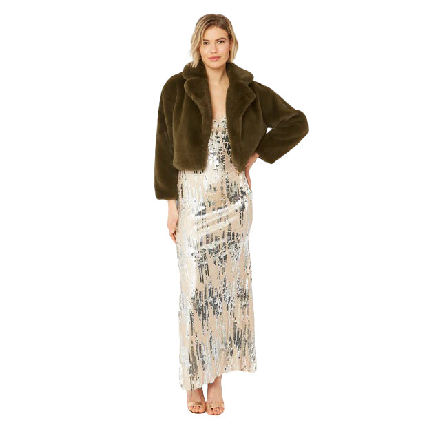 Faux Fur Cropped Jacket Khaki Green FMJ43A-07N on model front