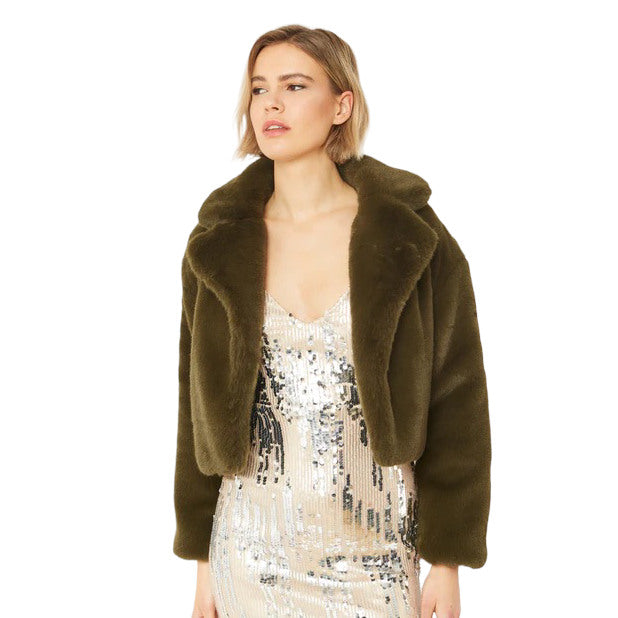 Faux Fur Cropped Jacket Khaki Green FMJ43A-07N on model open