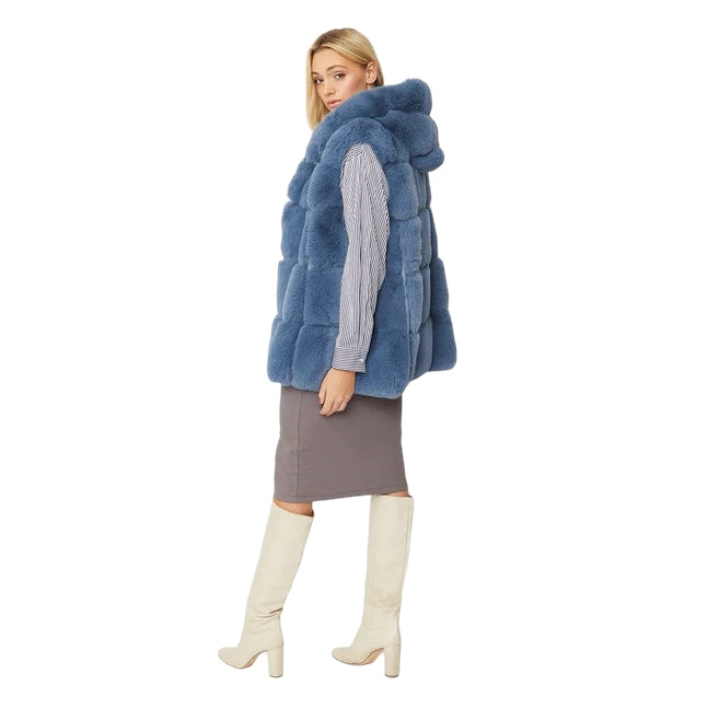 Faux Fur Long Gilet Silver Blue FMG55A-07N on model side