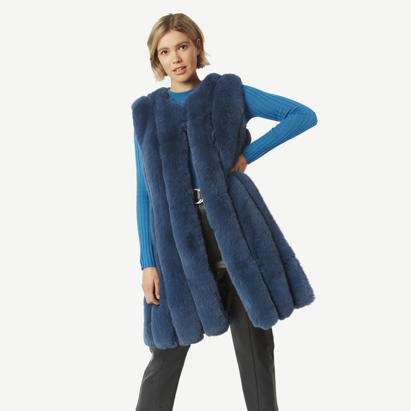 Faux Fur Long Gilet in Blue FMLG69A-07M front