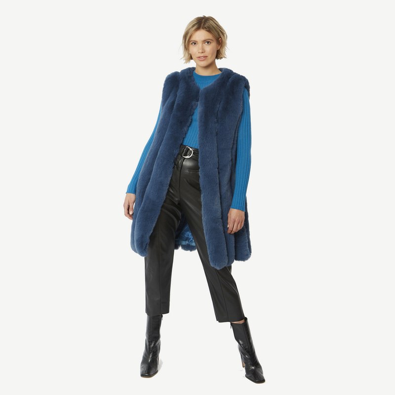 Faux Fur Long Gilet in Blue FMLG69A-07M on model
