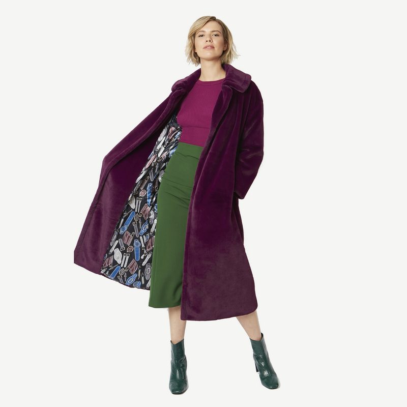Faux Fur Maxi Coat in Plum FMCT59A-05 on model open