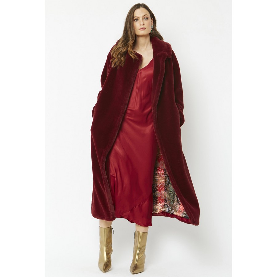 Faux Fur Maxi Coat in Wine Red FMCT59A-08 on model 2