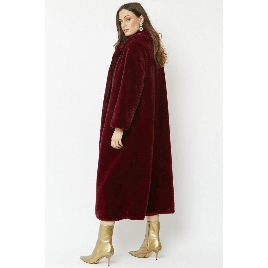 Faux Fur Maxi Coat in Wine Red FMCT59A-08 on model back
