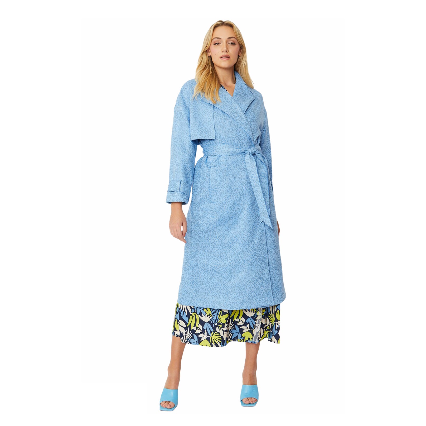 Faux Suede Animal Print Trench Coat Blue SUCTR39A-07N on model 1 front