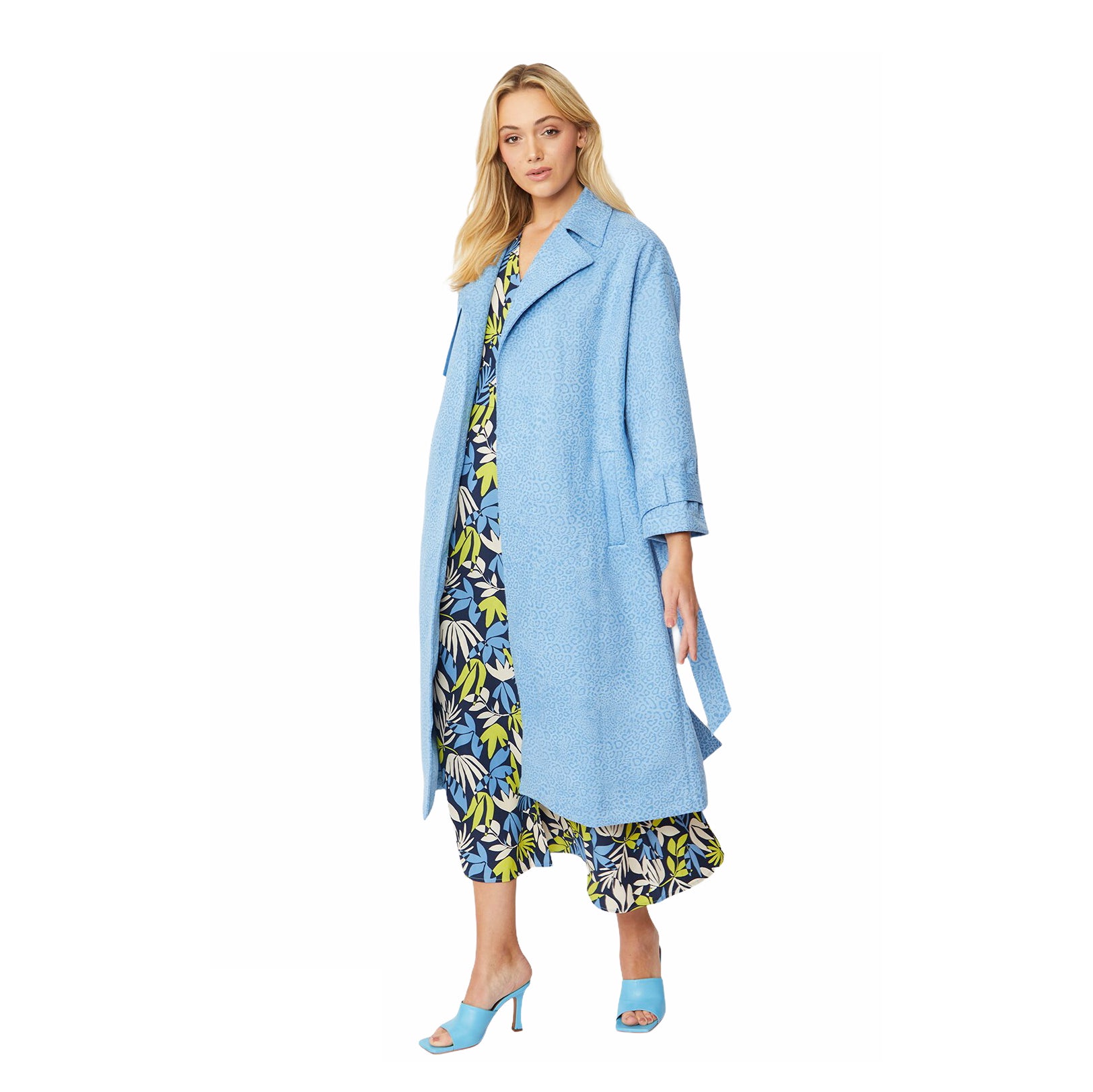 Faux Suede Animal Print Trench Coat Blue SUCTR39A-07N on model side