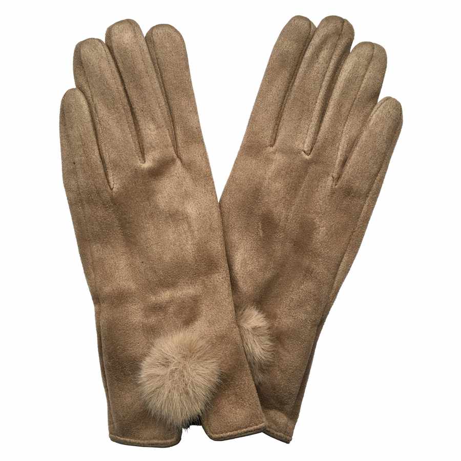 Faux Suede Gloves with Faux Fur Pompom in Mocha pair