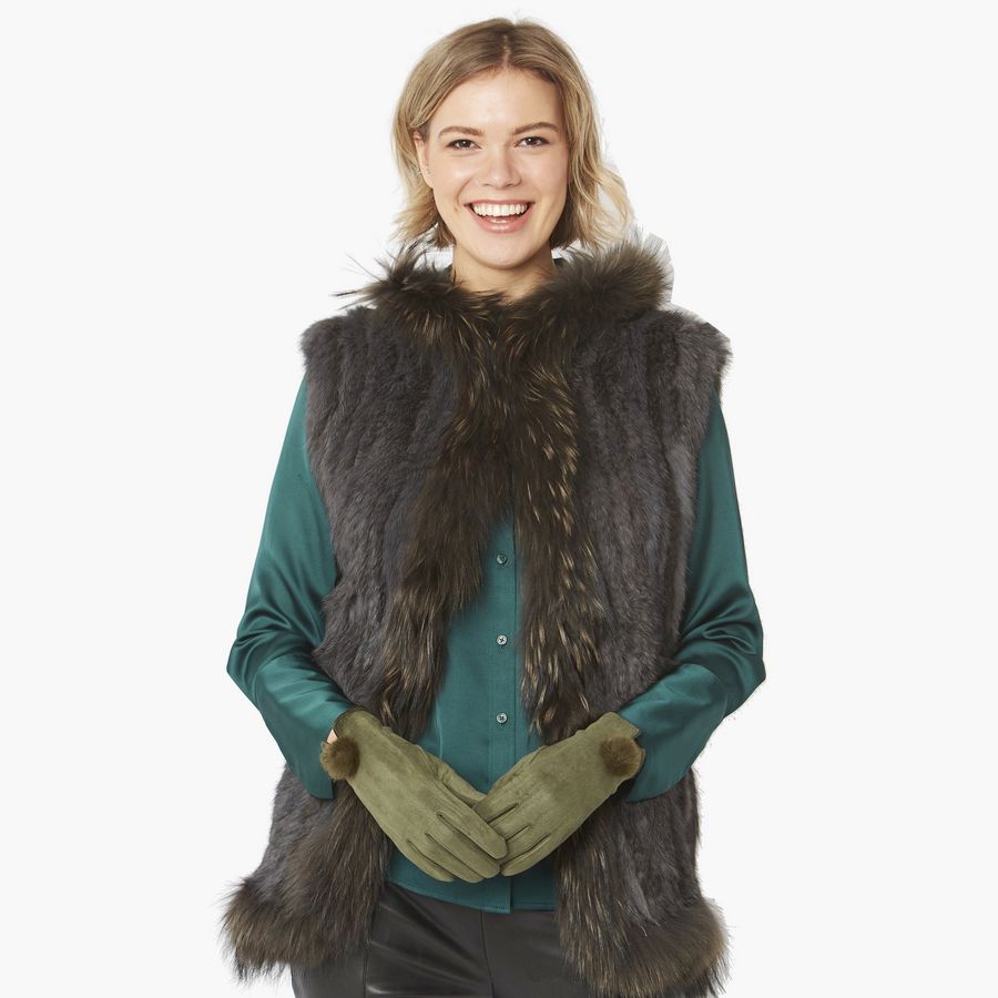 Faux Suede Gloves with Pompom in Green GLVSU6A-G07 on model 2