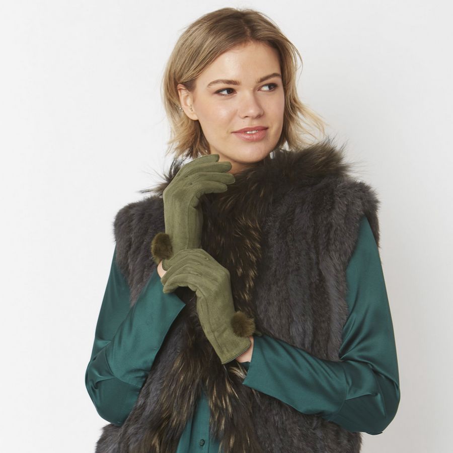 Faux Suede Gloves with Pompom in Green GLVSU6A-G07 on model 3