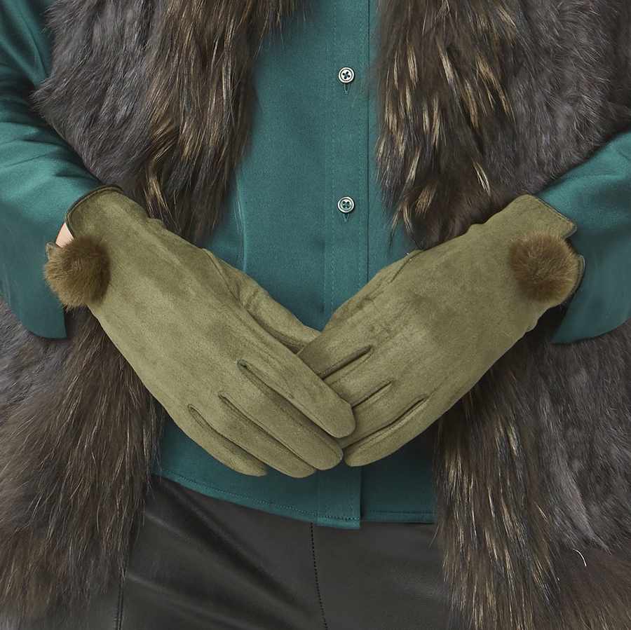 Faux Suede Gloves with Pompom in Green GLVSU6A-G07 on model close-up