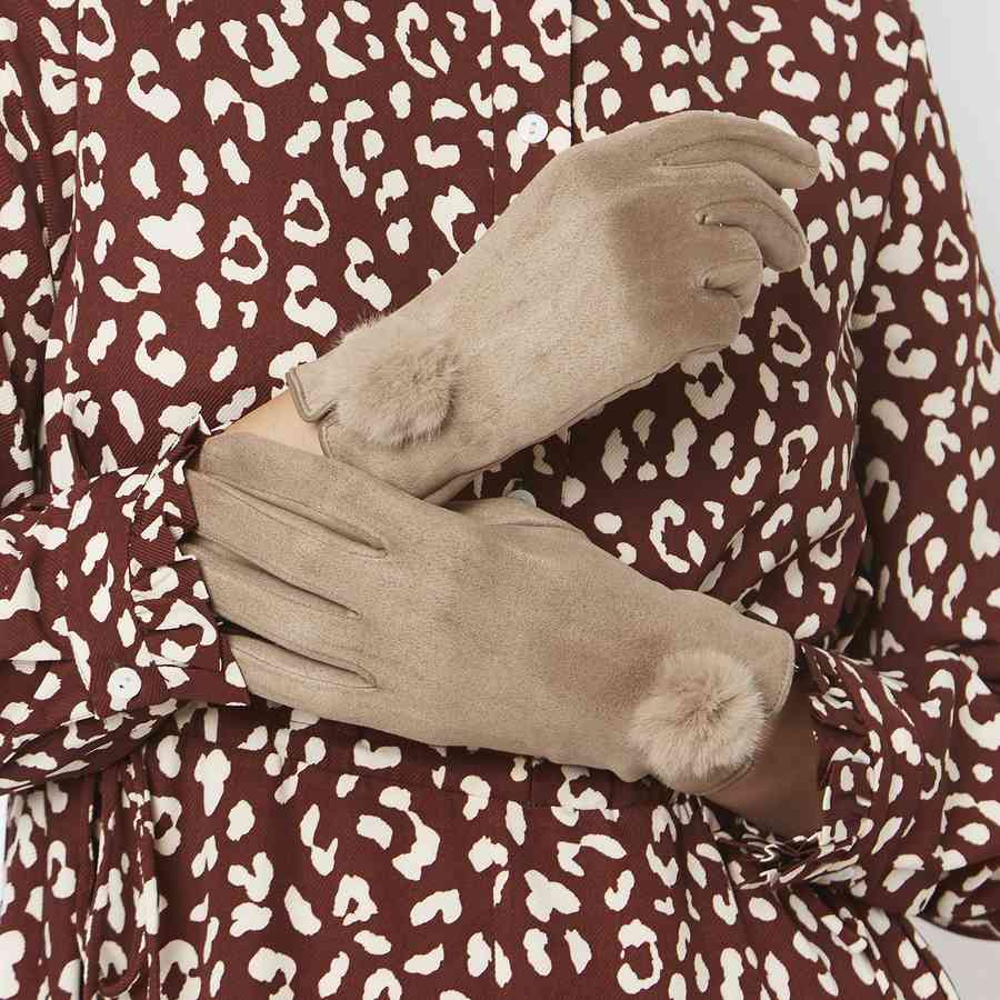 Faux Suede Gloves with Pompom in Mocha GLVSU6A-09 on model 2