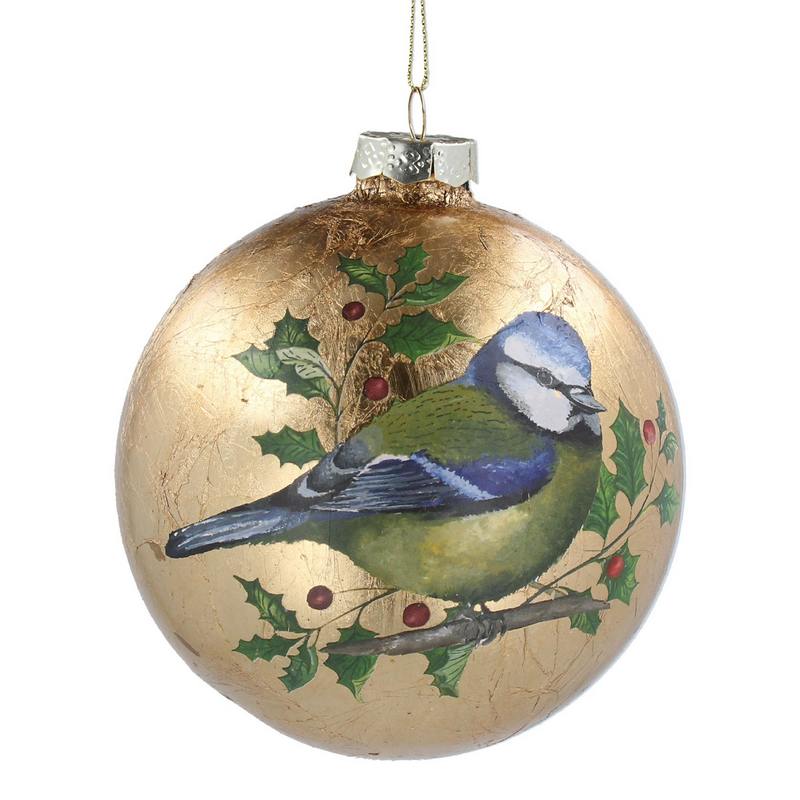 Gisela Graham Antiqued Gold Glass Christmas Bauble Bluetit 00608 front