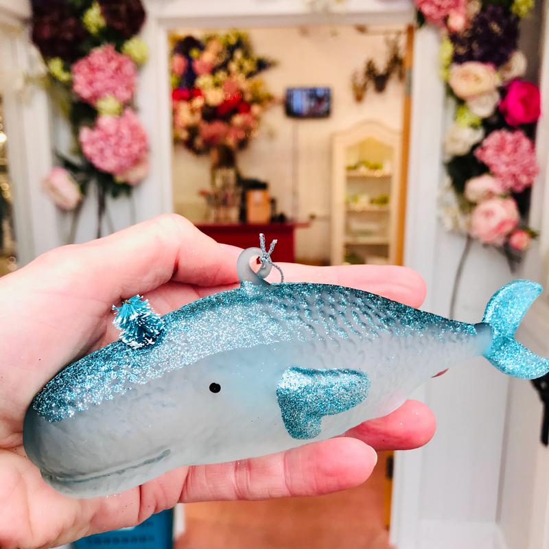 Gisela Graham Blue Glass Whale Christmas Bauble 00931 held in hand