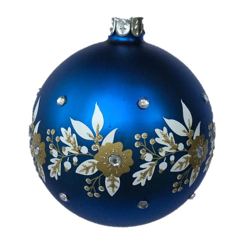 Gisela Graham Matt Blue Glass Bauble with White & Gold Flowers