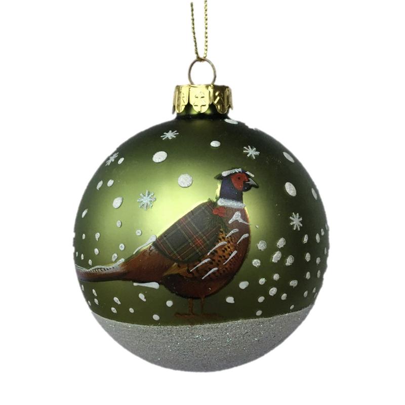 Gisela Graham Matt Green Glass Ball with Pheasant