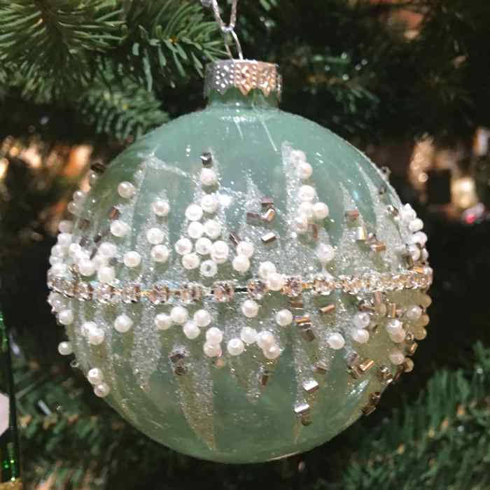 Gisela Graham Pale Green Clear Glass Ball with Crushed Jewel Band on Christmas Tree