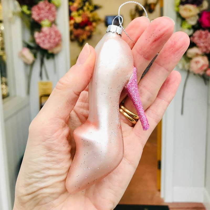 Gisela Graham Pink Glass Stiletto Decoration held in hand