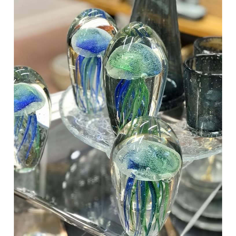 Glass Jellyfish Paperweight Blue and Green in Old School Beauly