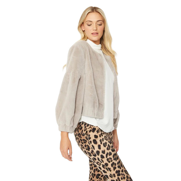 Grey Faux Fur Cropped Jacket with Puff Sleeves FMJ37A-03S on model front
