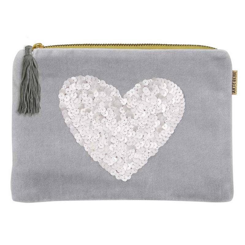 Grey Velvet Cosmetics Bag with Sequin Heart 241017 front