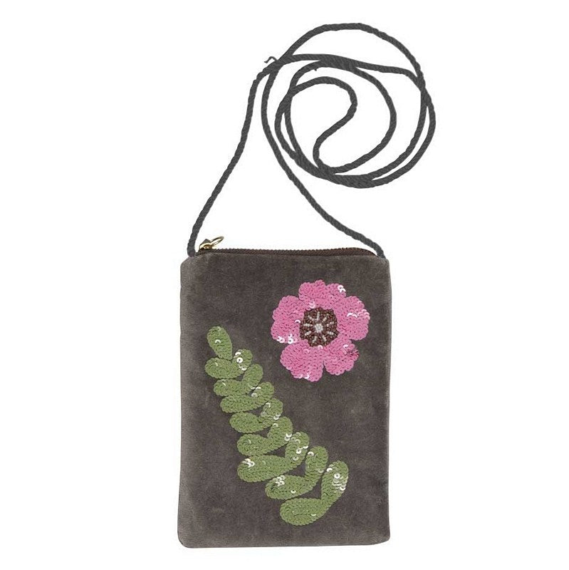 Grey Velvet Phone Bag With Sequin Flower 240713 front