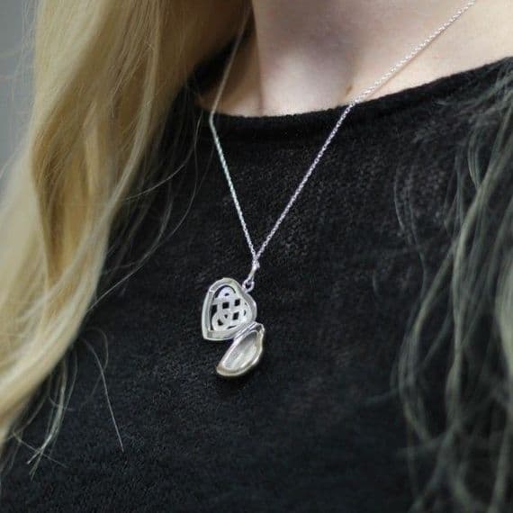Hamilton & Young Celtic Knotwork Silver Heart Locket Necklace HY0465 on model open