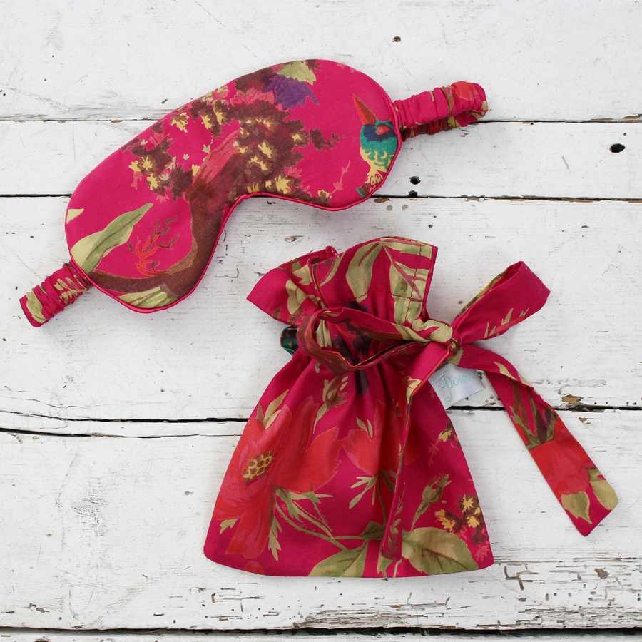 Hot Pink Bird Print Eye Mask and Drawstring Bag