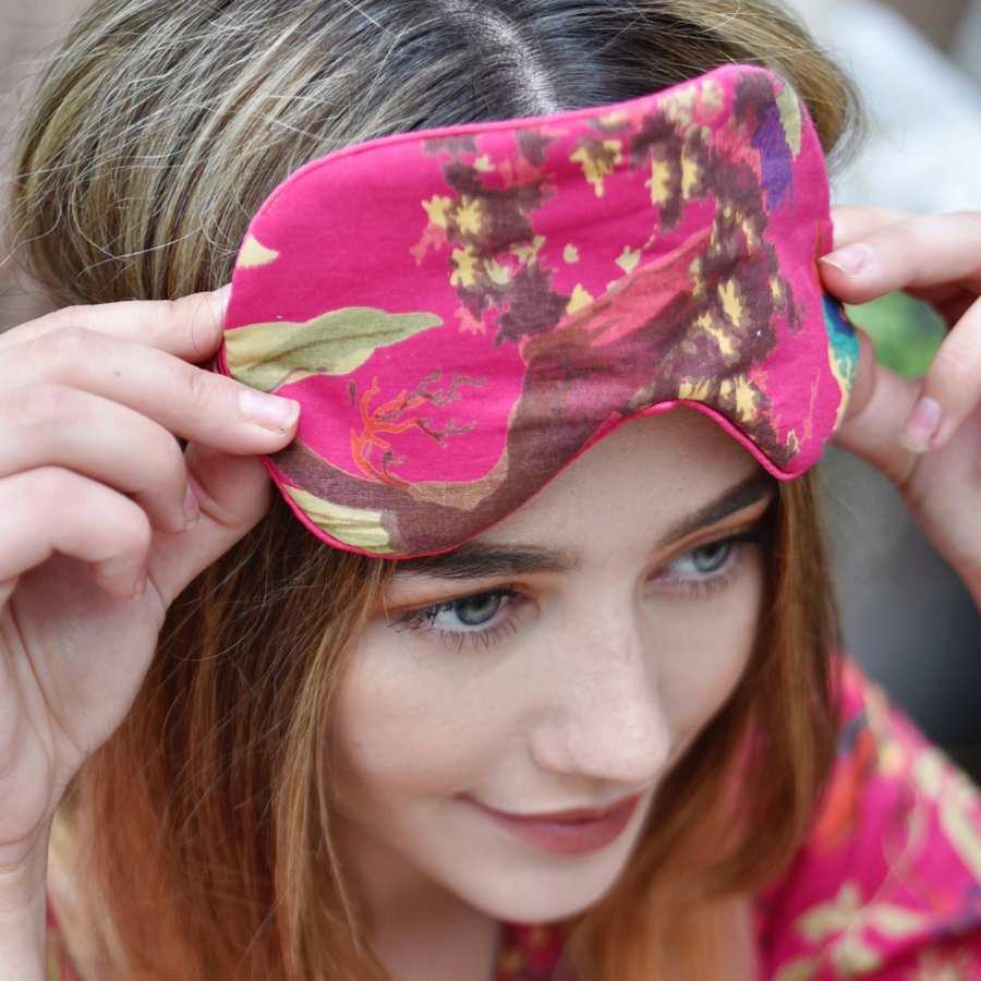 Hot Pink Bird Print Eye Mask on model