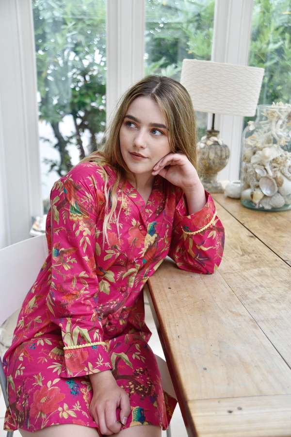 Hot Pink Bird Print Nightshirt NS20 on model