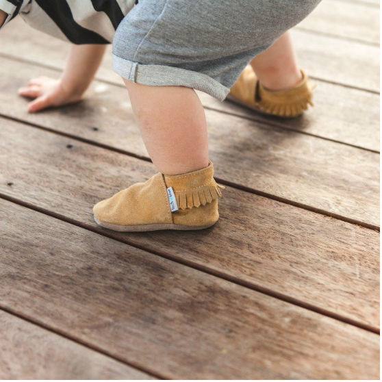 Inch Blue Baby Booties Tan Moccasin on baby