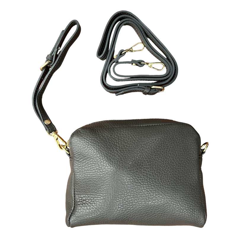Italian Leather Box Bag in Dark Grey PS439 with shoulder strap