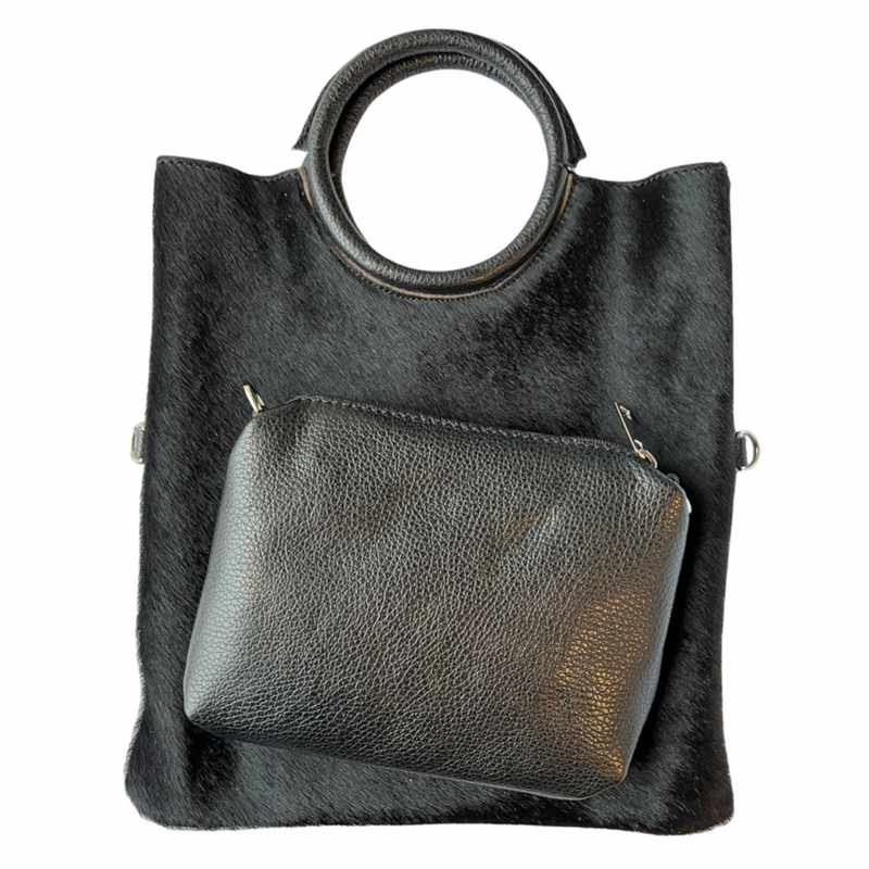 Multi-use Leather Tote in Black Fur with Pouch